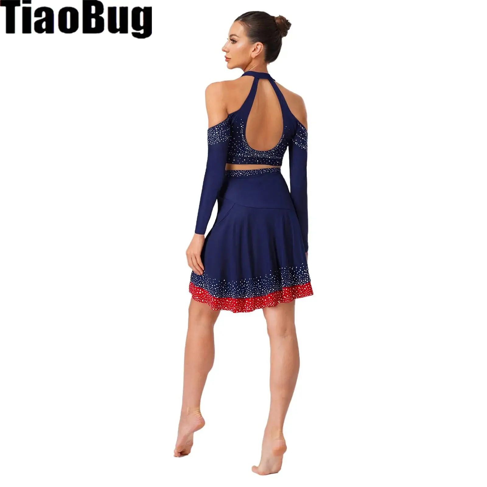

Women Jazz Latin Dance Costume Rhinestones Halter Long Sleeve Crop Top with Skirt Lyrical Skating Ballet Performance Dancewear