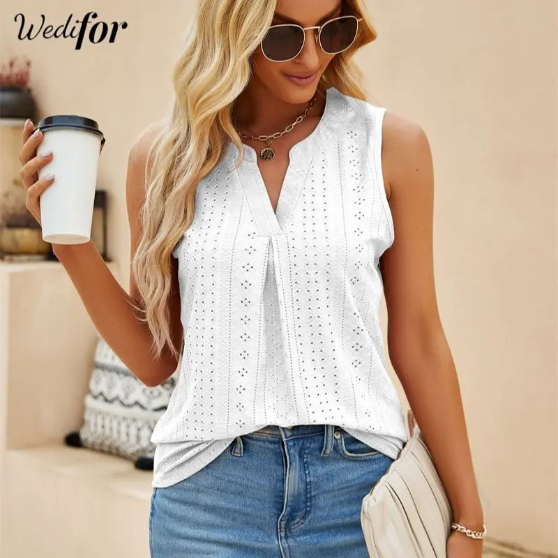 

Wedifor Sleeveless Women Blouse Shirt Summer V Neck Hole Casual Fashion Tops Elegant Loose Solid Shirts Pullovers Wholesale