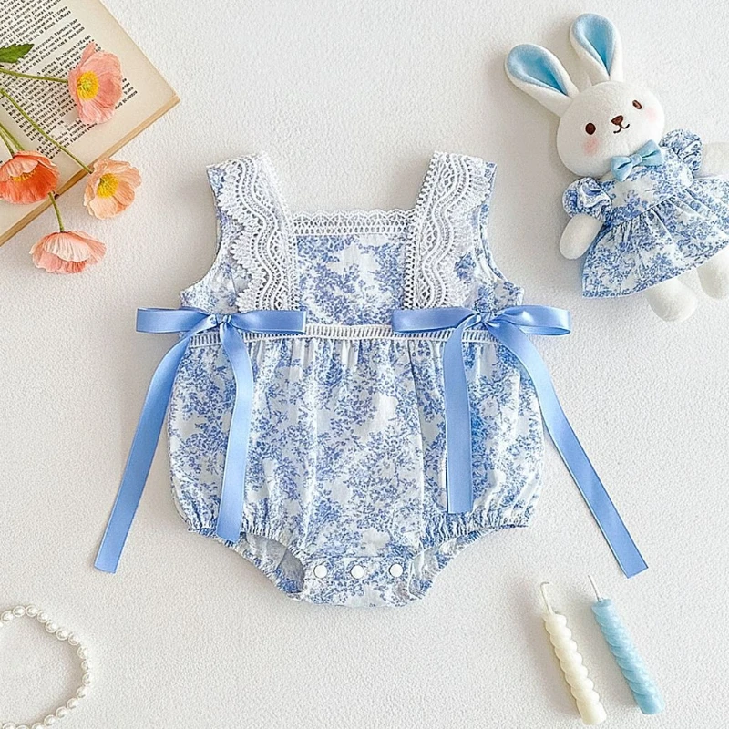 2026 Summer New Girls' High-end Sweet Lace Bow Princess Style One Year Climbing Suit