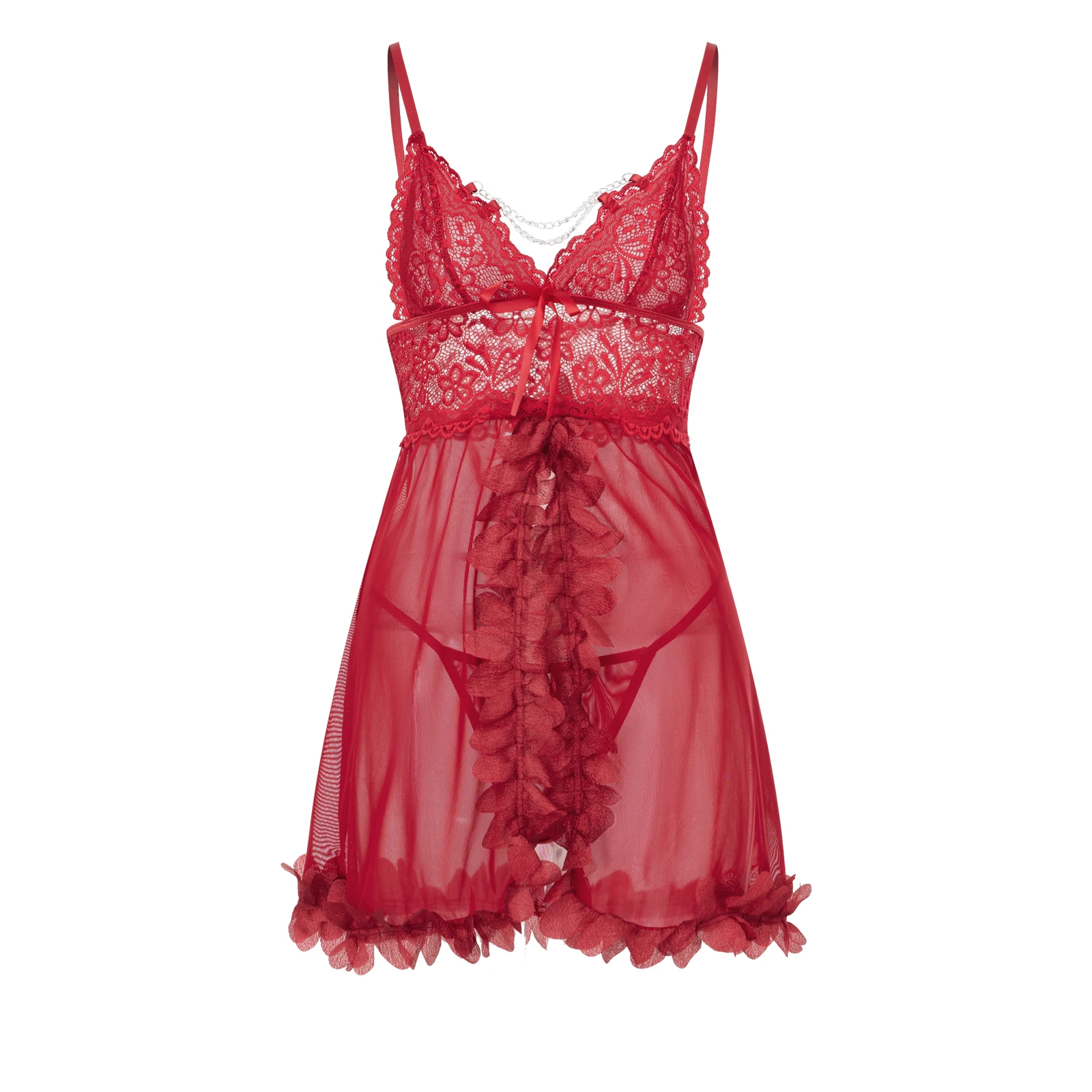 

Women Naughty Babydoll Lingerie Floral Embroidery V-Neck Ruffles Split Sleeveless Nightgown and Panty for Sleepwear