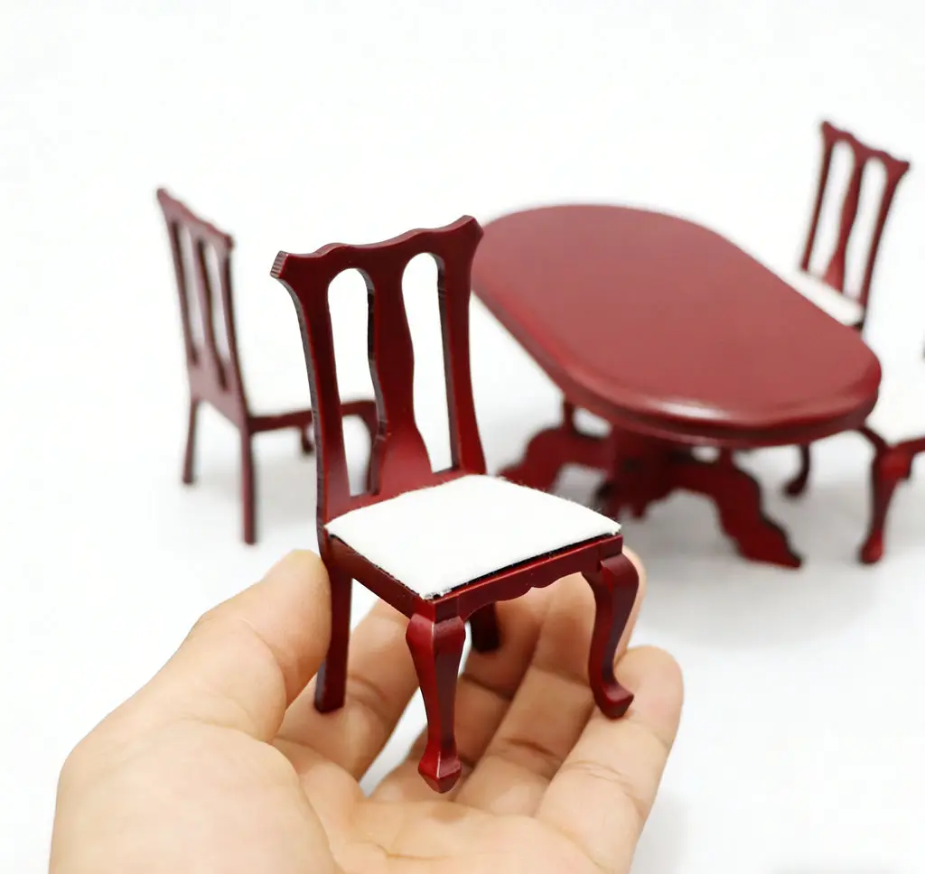 Set da pranzo retrò europeo in miniatura per casa delle bambole 1:12 - Tavolo e sedie ovali in mogano, eleganti mobili in micro scena per casa delle bambole