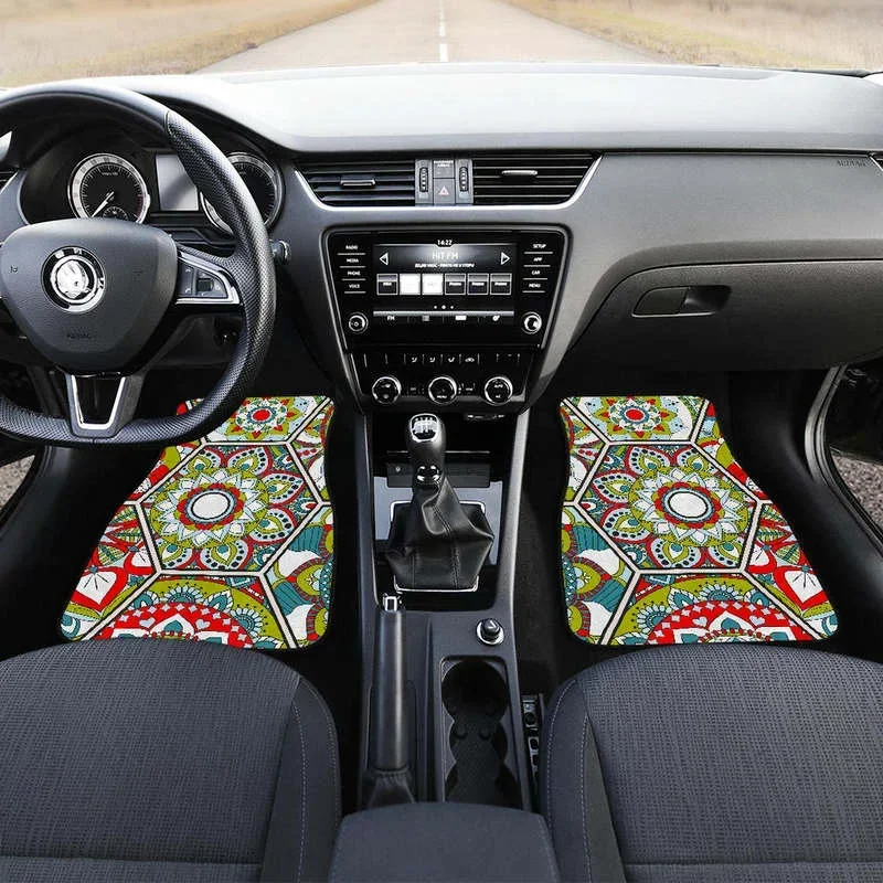 Oriental Mandala Bohemian Pattern Print Front and Back Car Floor Mats Heavy Carpet Front and Rear Full Set 4PCs Pack