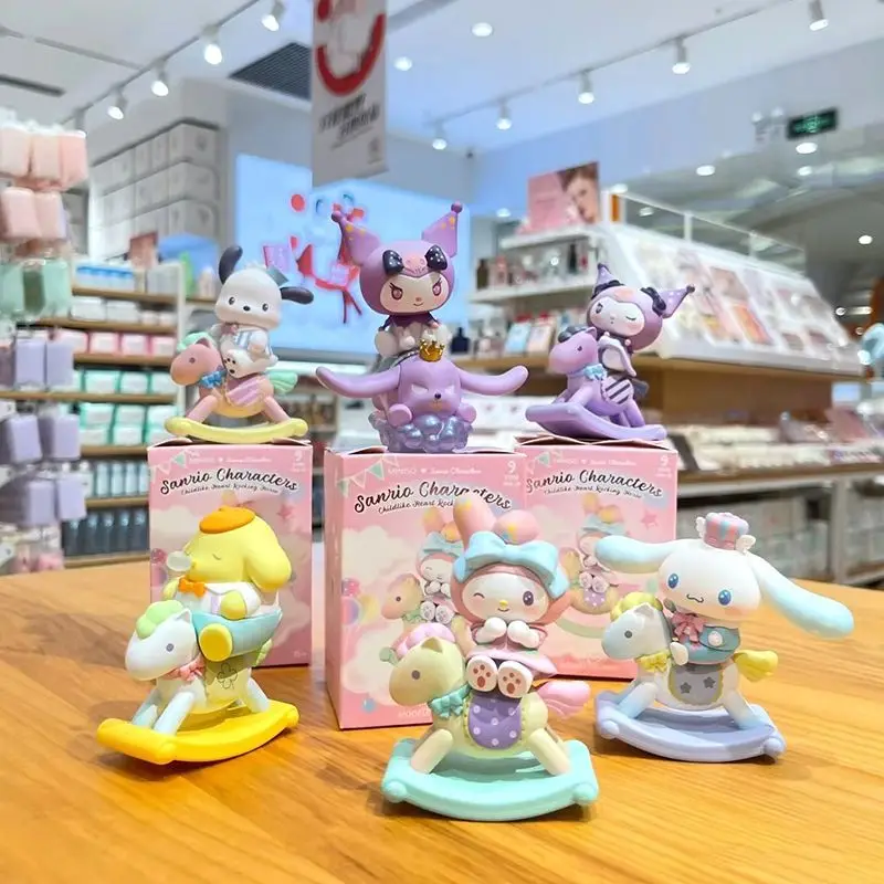 Sanrio caixa cega personagens infância cavalo de balanço estatueta melodia kuromi pochacco cinnamoroll figura de ação presente brinquedos presentes