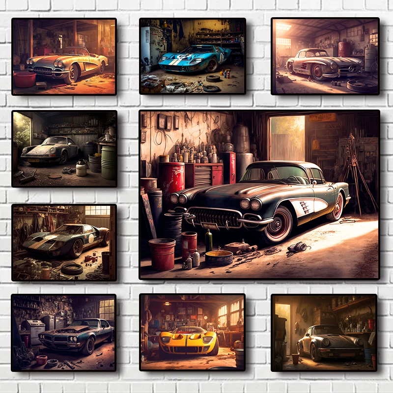 Automobile repair Poster retro sports car Old -style racing canvas print poster wall art decoration painting For Home Room decor