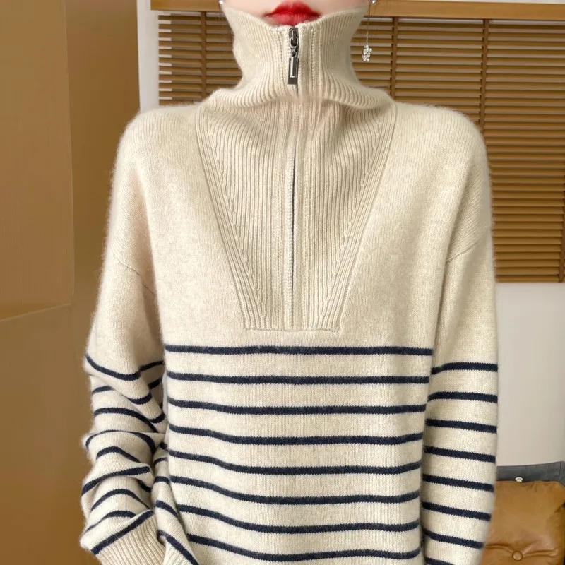 Women's Striped Sweater, Lapel, Half Zip, Thick Warm Pullover, Loose Casual Sweater, High Quality, Autumn and Winter Fashion