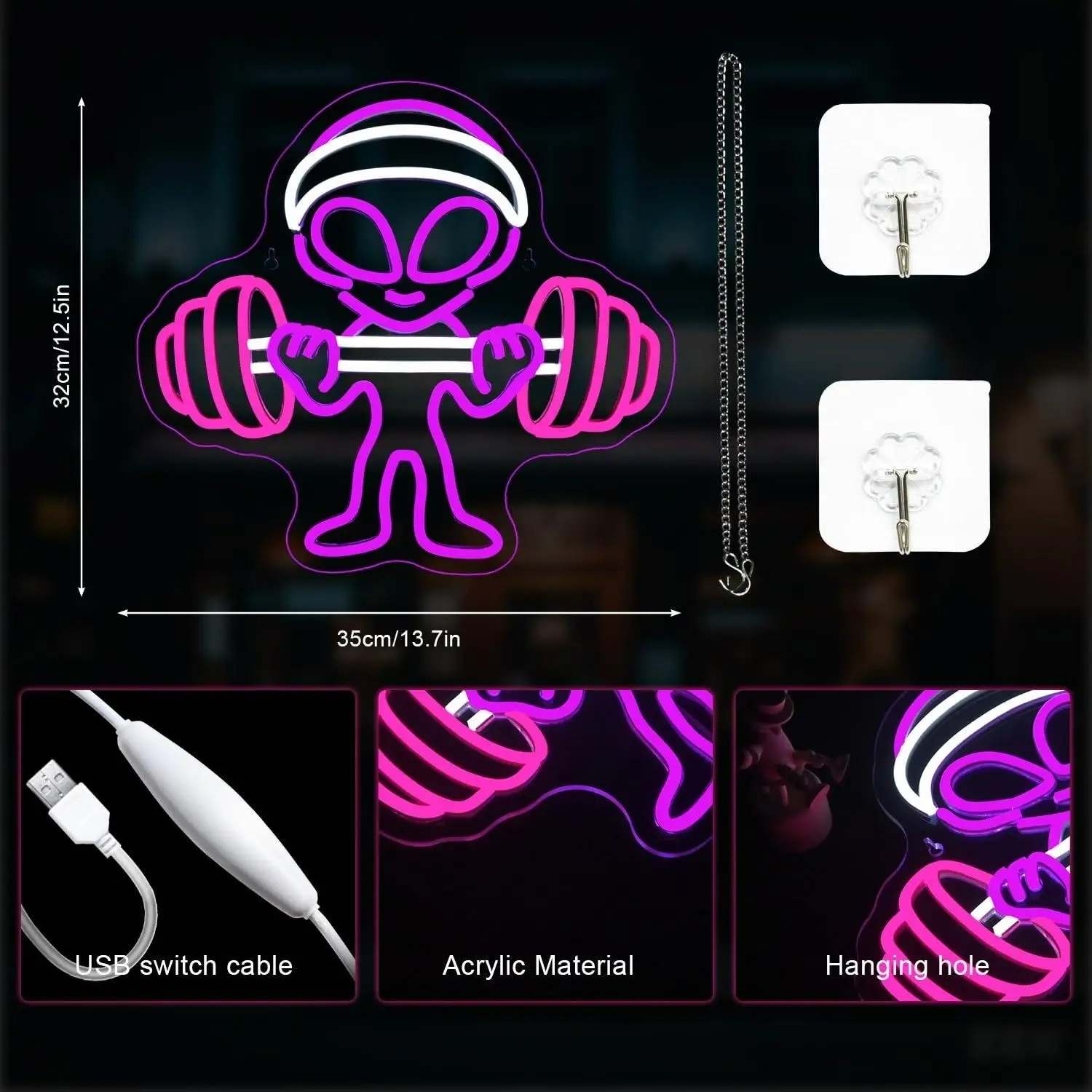 Alien Neon Sign Dumbbell Gym USB Dimmable LED Lights for Shop Bar Man Cave Exercise Room Bedroom Teen Room Game Room Decor - view 5