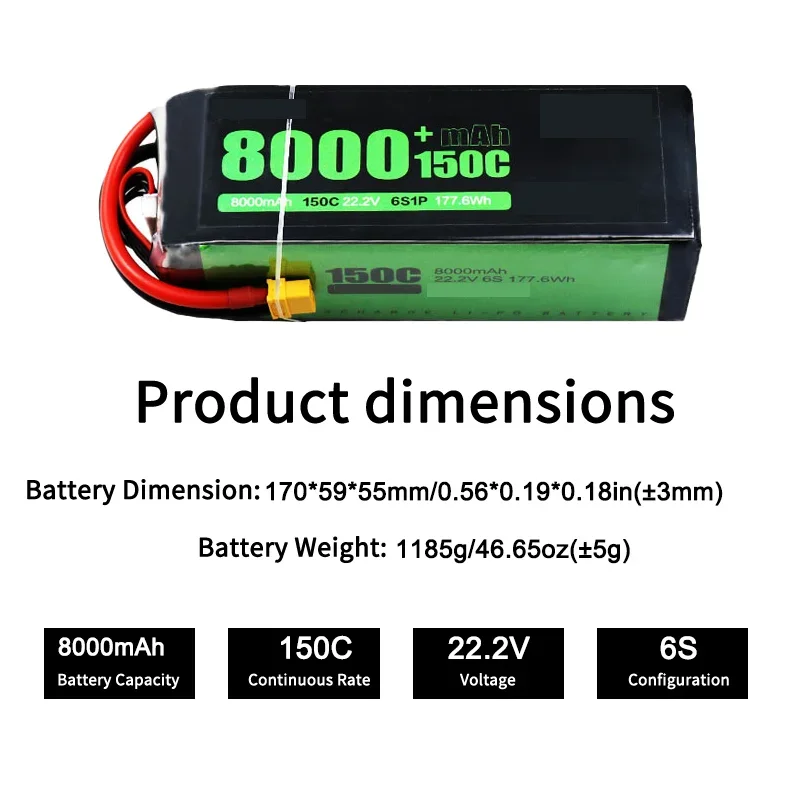 Grade 8000mAh 6S 22.2V 150C High Rate Large Capacity Low Internal Resistance Long Lasting Reliable Battery For Model Aircraft
