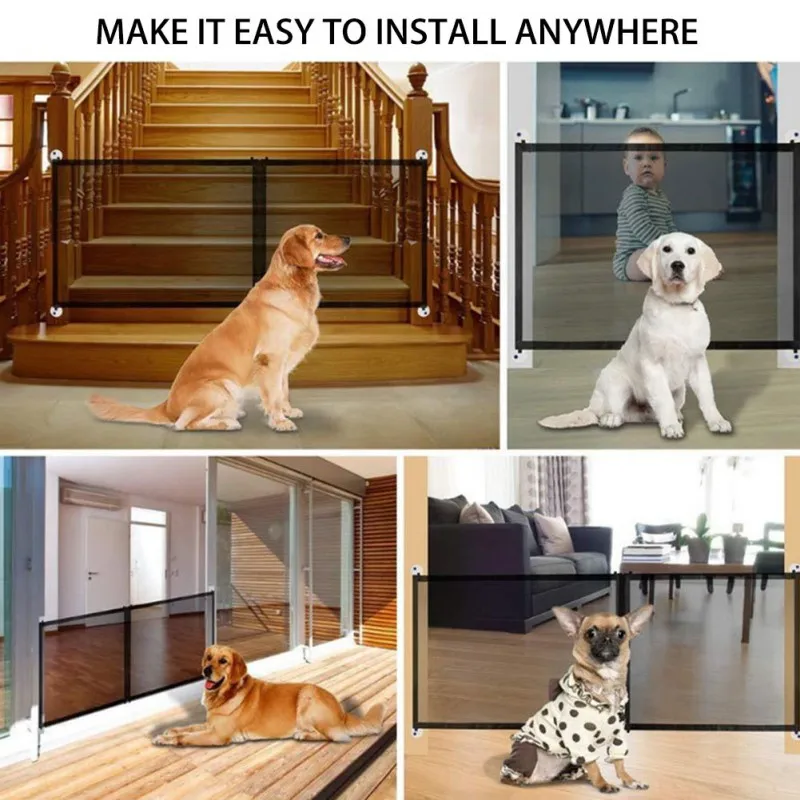 Foldable Pet Dog Gate Door Barrier Safety Guard Fence Mesh Enclosure Rectangle Magic Safety Gate Dog Safeguard With Hook