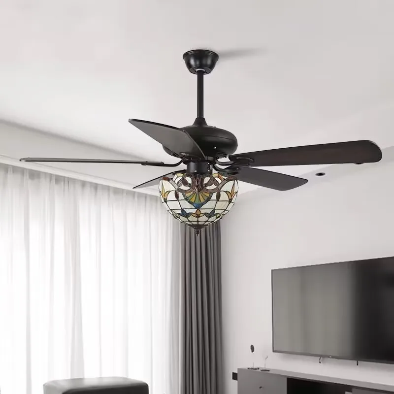 Tiffany Style Ceiling Fan With Light Wood Blades 42 52 Inches Remote Control Led 3 Color 24W Industrial Fans Lamp With Lights