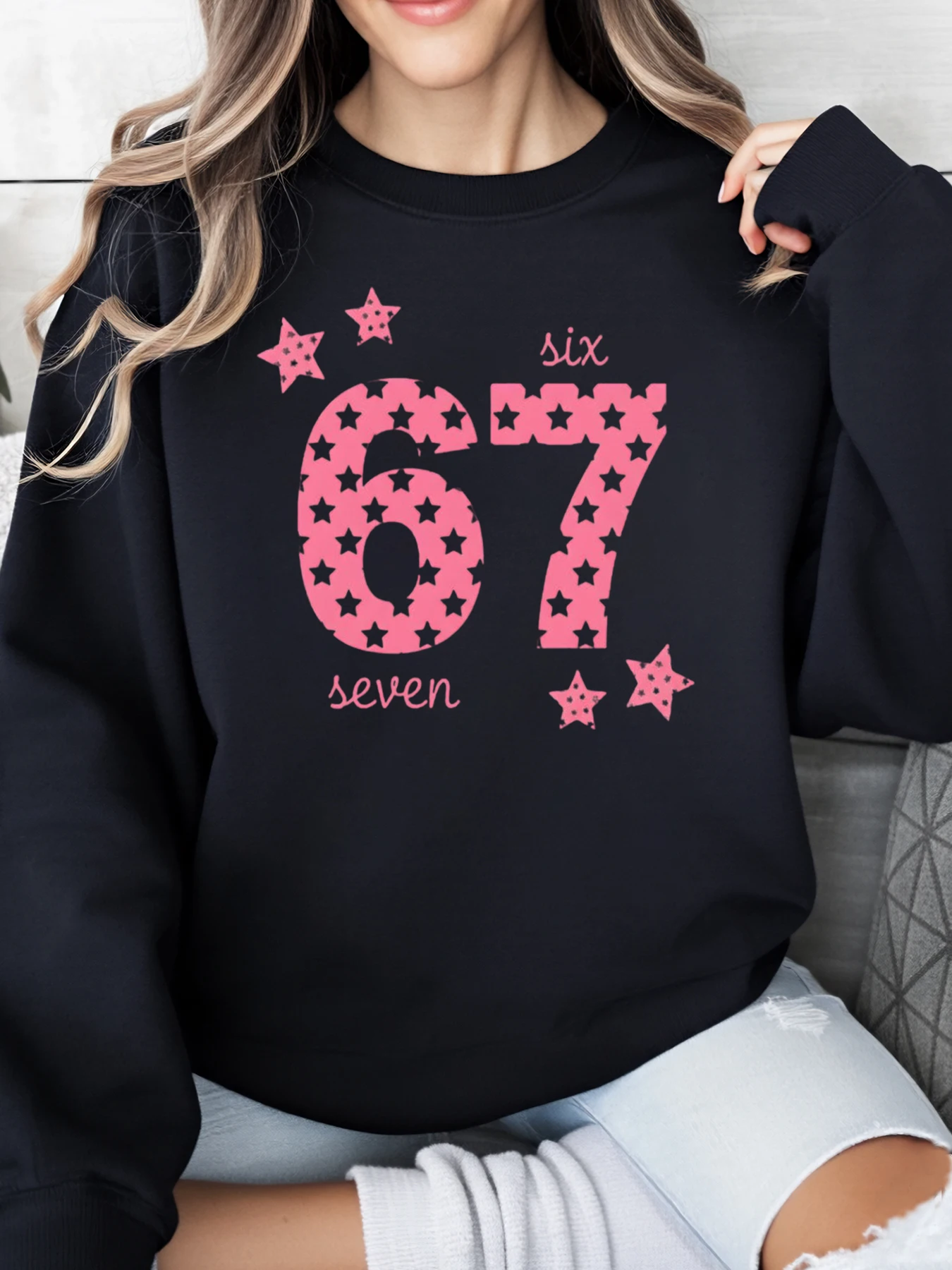 Sweat-shirt de noël imprimé motif étoile Six sept chiffres pour femmes, tenue décontractée, cadeau de vacances, noir, grande taille