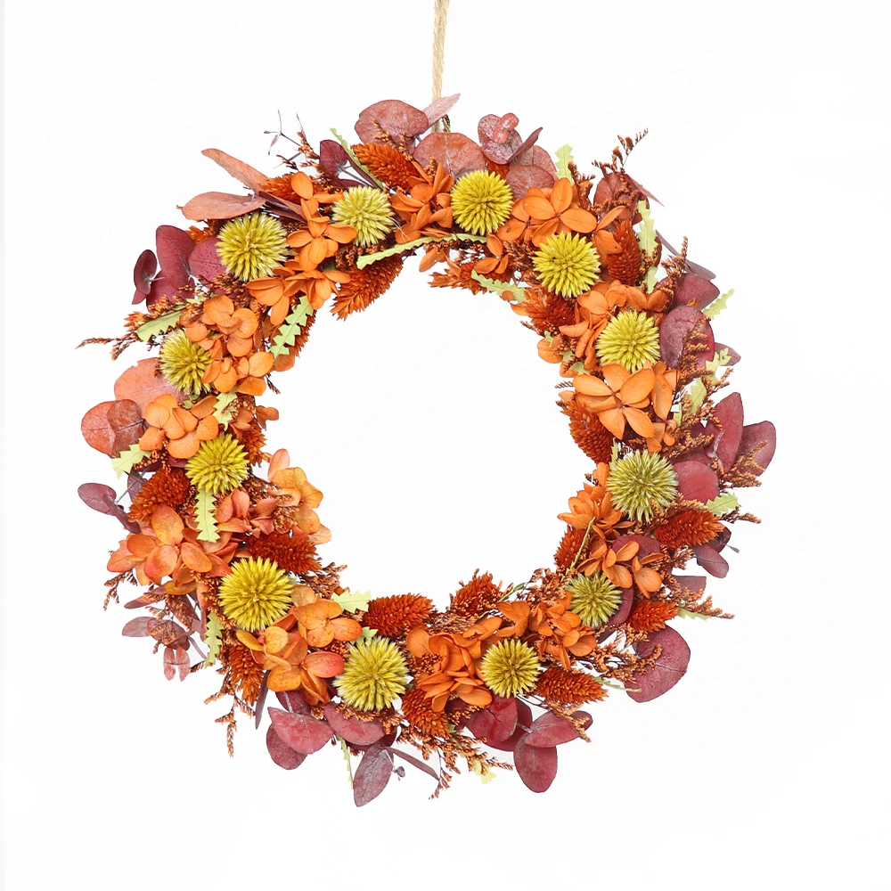 

Handmade Rattan Round Wreath for Front Door, Orange and Hydrangea, DIY Wall Hanging Decor, Wedding Festive, 25cm, 9.84in