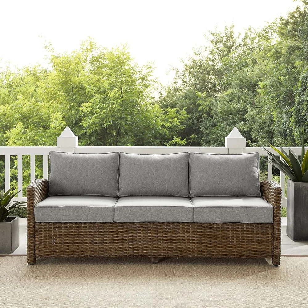 

Bradenton Wicker Outdoor Sofa, 3-Person Patio Couch for Porch, Deck, Backyard, Brown with Gray Cushions