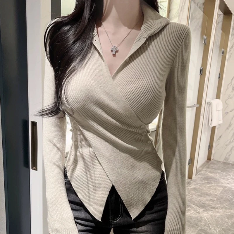 

ZILIHUA High Neck Knitted Slim Fit Cardigan Women's Base Layer Top Elegant Quality Dongda Gate New Style Button up Sweater
