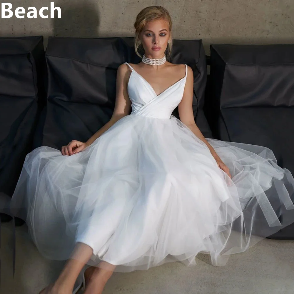 

Beach Ankle Length A Line Satin Wedding Dress V Neck Spaghetti Straps Tulle Bridal Gown Sexy Brides Dress Vestido De Novia