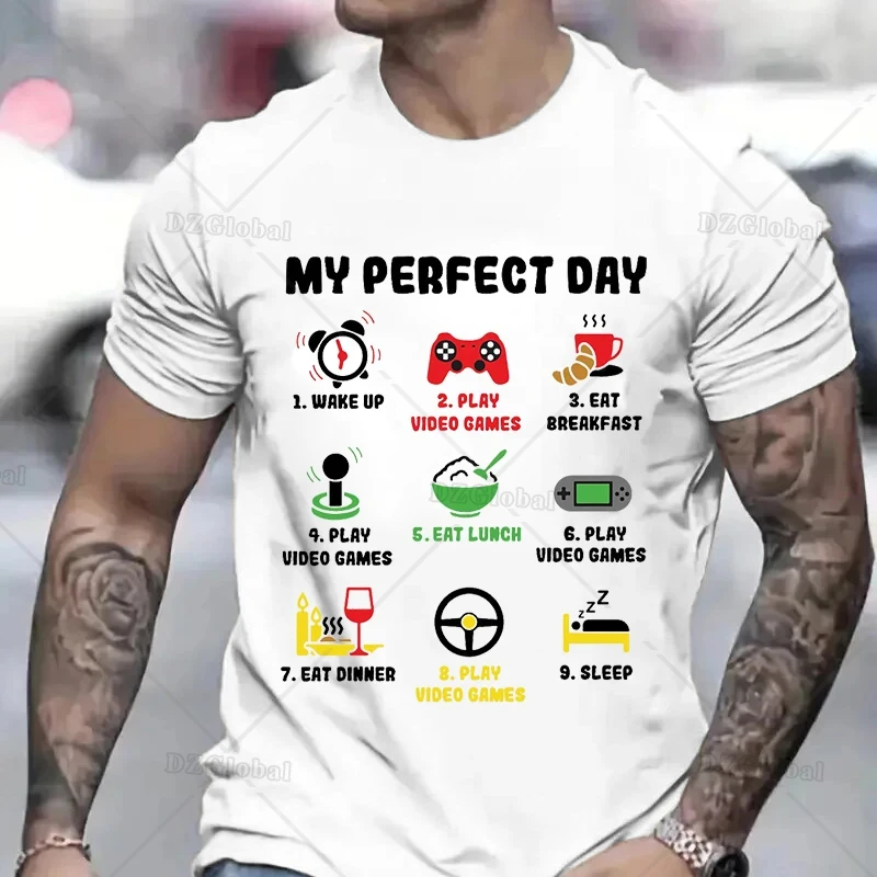 Men\'s T-shirts My Perfect Day Gamer Cool Gamer Video Game Funny T-Shirt Male Tshirts Video Games Play Playing Lover Tops Outfits