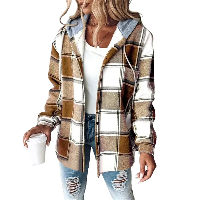 Damen-Hemd mit Karomuster, Button-Down-Langarmjacke, Fleece-gefütterter Kapuzenpullover, lässiges, trendiges Blusenoberteil