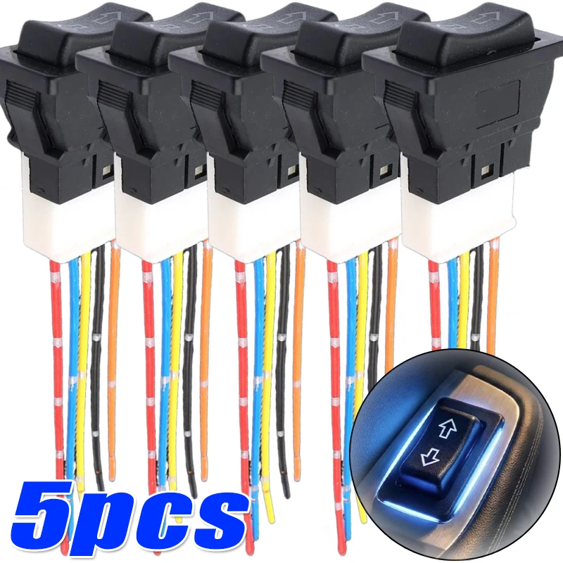 General 5-Pin DC 12V 20A Motors Electric Window Switch Lift/Lower Switch Blue/Red Light Color and Wiring Harness Interior Trim