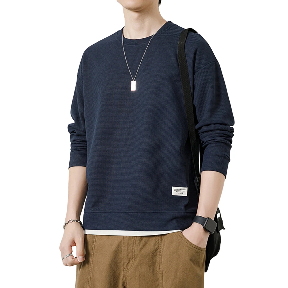 Men's Plaid Textural Sweatshirt Pullover Featuring Long Sleeves Regular Length and Fake Two-Piece Styling Detail