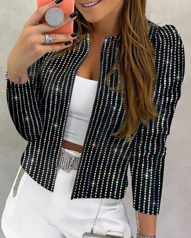 

CPSYMYM Women's Jacket Autumn Studded Striped Long Sleeve Casual Round Neck Open Front Crop Coat Streetwear Woman Clothi