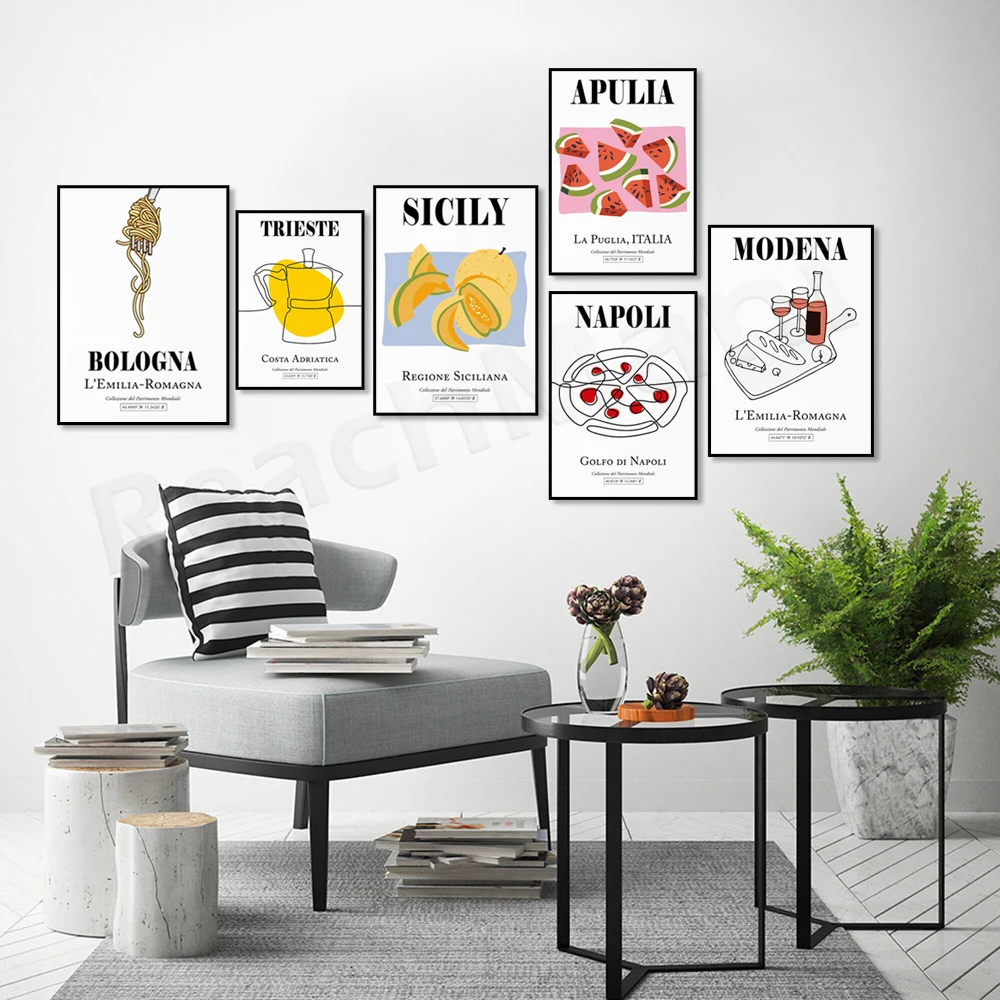 Sicily, Porto Pino, Sardinia, Trieste, Friuli Venezia Giulia, Italian aesthetic fruit, coffee pot silhouette line boho poster