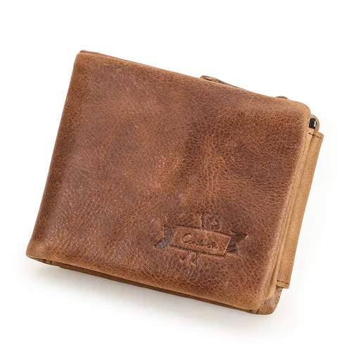 Imagen 2 del producto CONTACT'S billeteras de cuero genuino Crazy Horse para hombre, billetera triple Vintage con cremallera, monedero con bolsillo, billetera de cuero de vaca para hombre