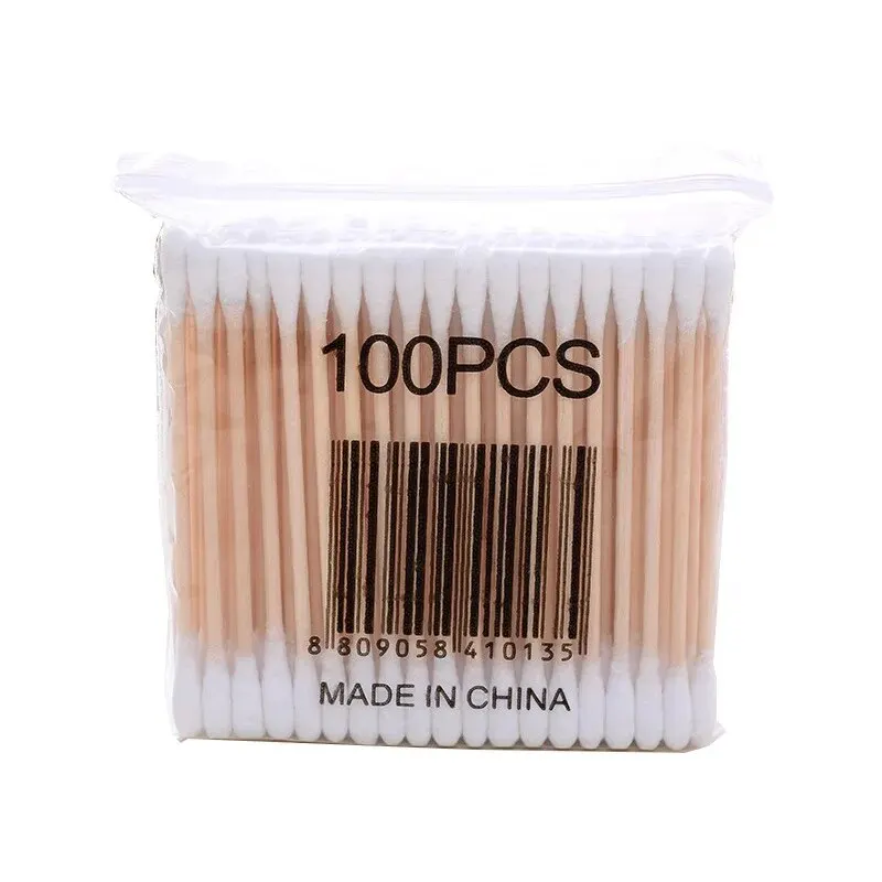 100 Double-headed Wooden Cotton Swabs Disposable Hygienic Ear-picking Pointed Makeup Household Remover Cleaning Bag