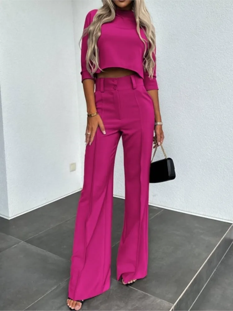 Elegant O-neck Three-quarter Sleeve Short Top + Wide-leg Pants 2-piece Set Women Autumn Fashion Solid Color Office Suit Female