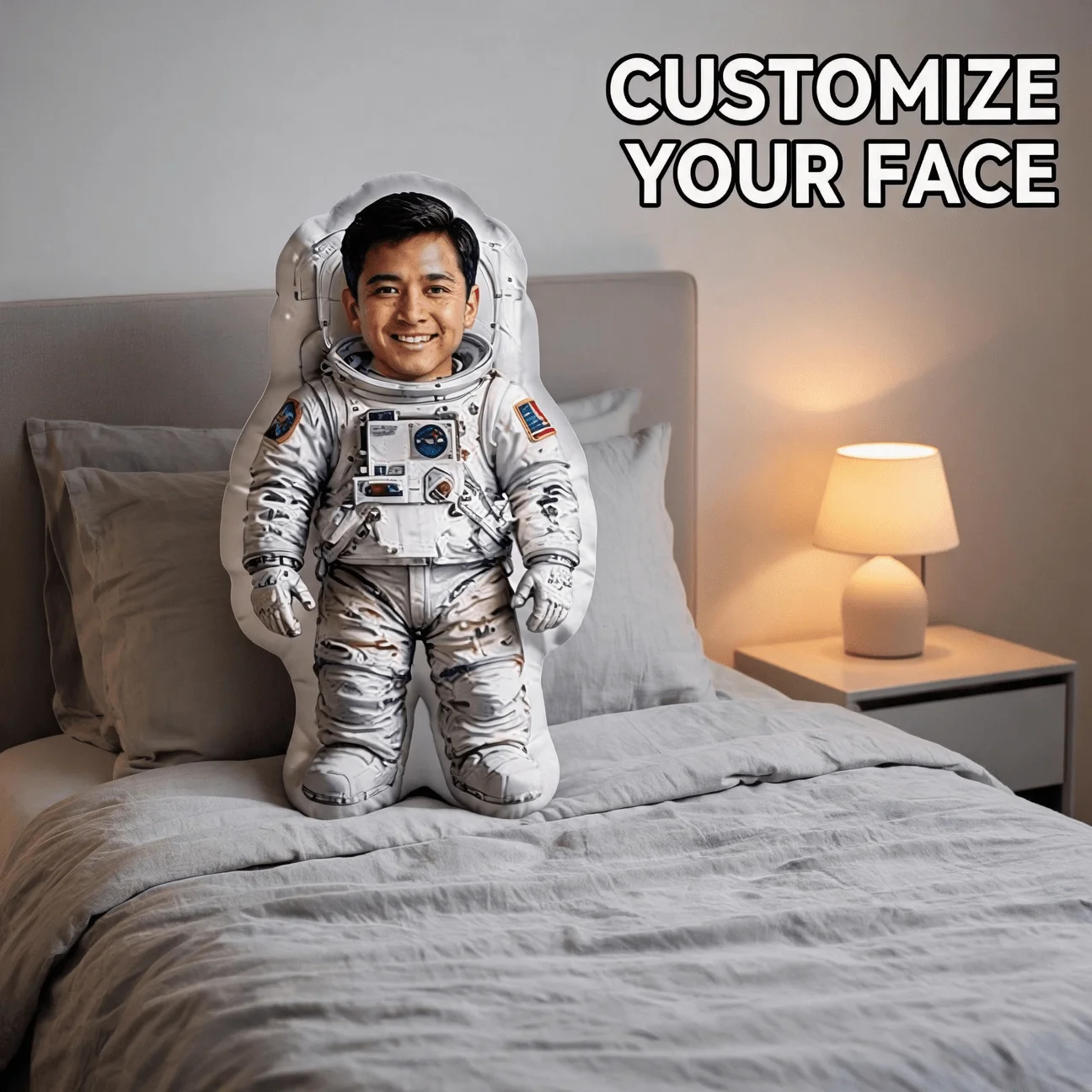 Custom Photo Astronaut Shaped Pillow, Personalized Lunar Mission Space Suit Decorative Cushion, Unique Home Decor Accent for Sof