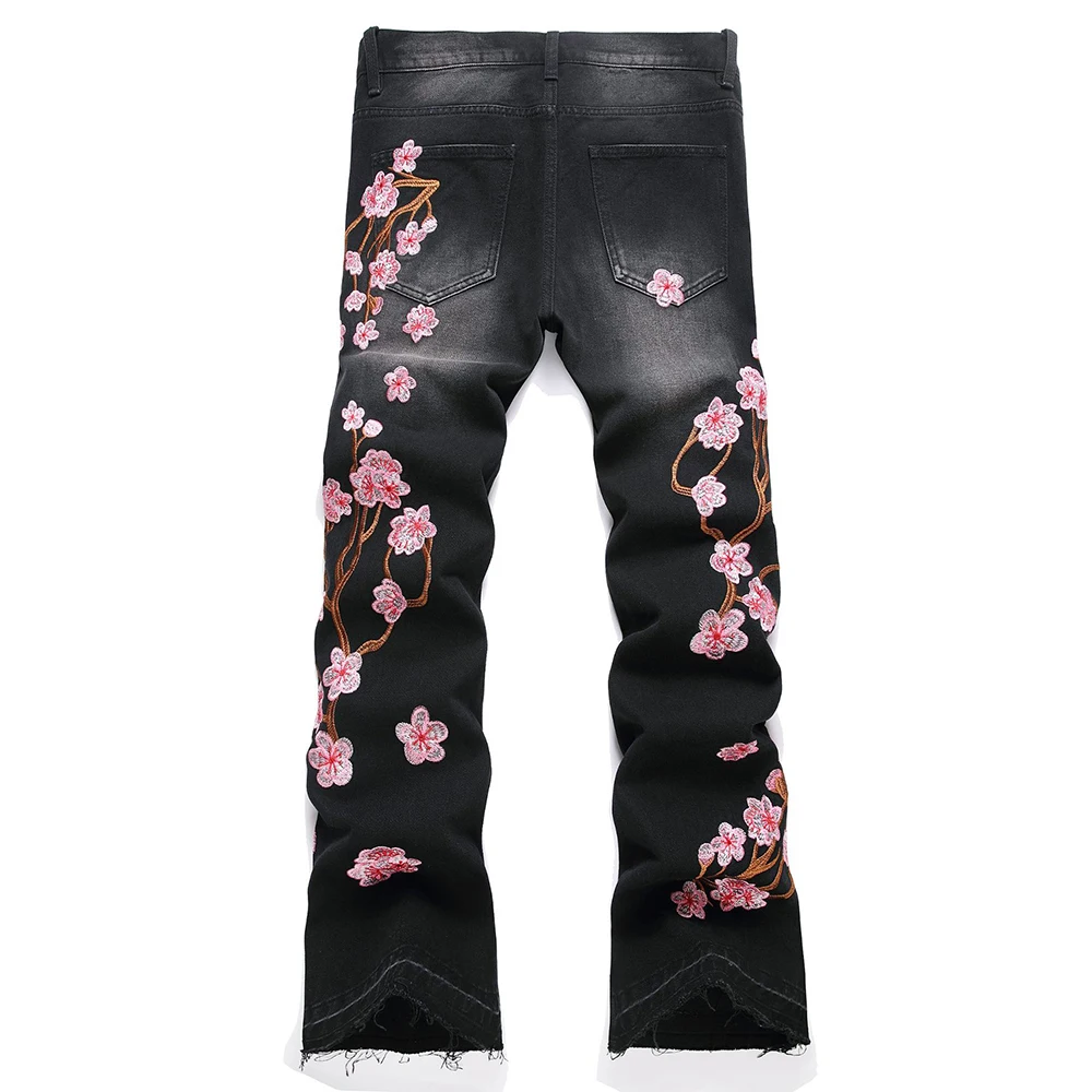 Men Sakura Embroidery Denim Jeans Streetwear Boot Cut Pants Released Hem Flared Trousers with Ripped And Cherry Blossom Design