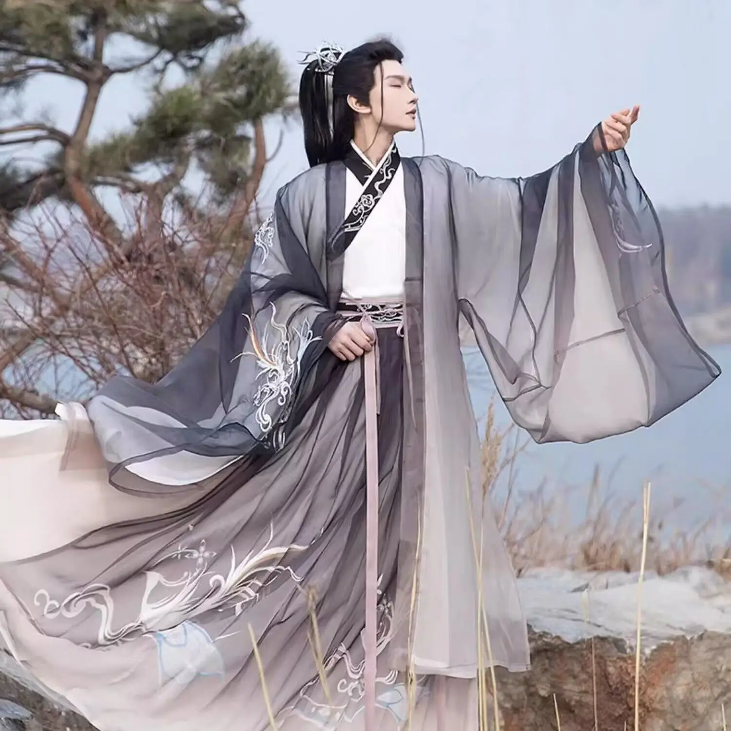 

Chinese-style Hanfu men's embroidered large-sleeved shirt, waist-length blouse and skirt, summer new performance costume