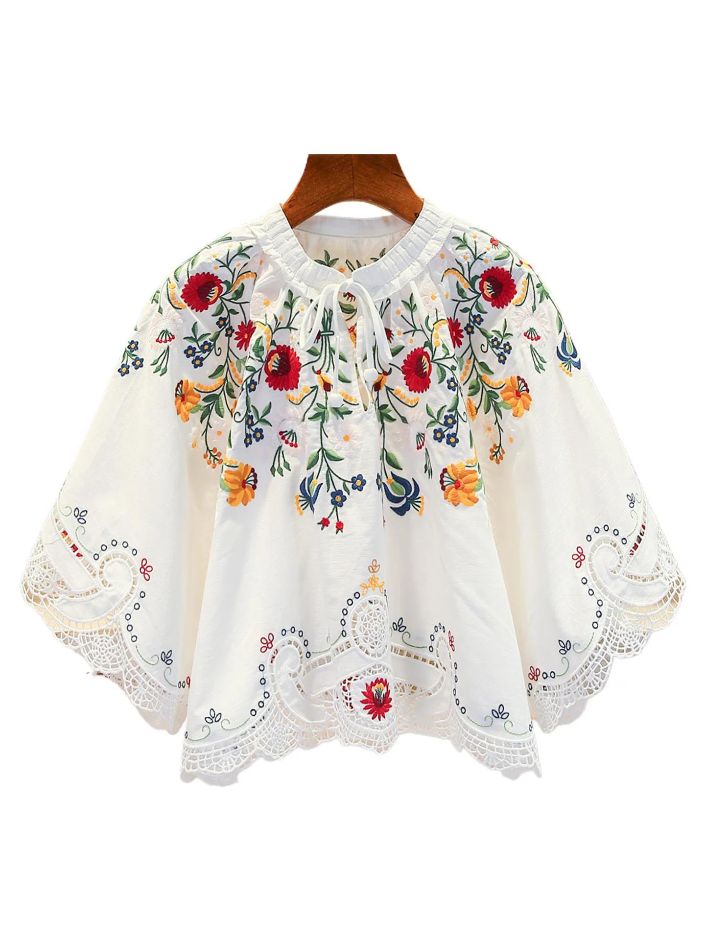 

Premium Embroidered Lace Hem irt Svel Belted Top for Women Heavy Work Spring Autumn Seasonal Faion Commute Sle