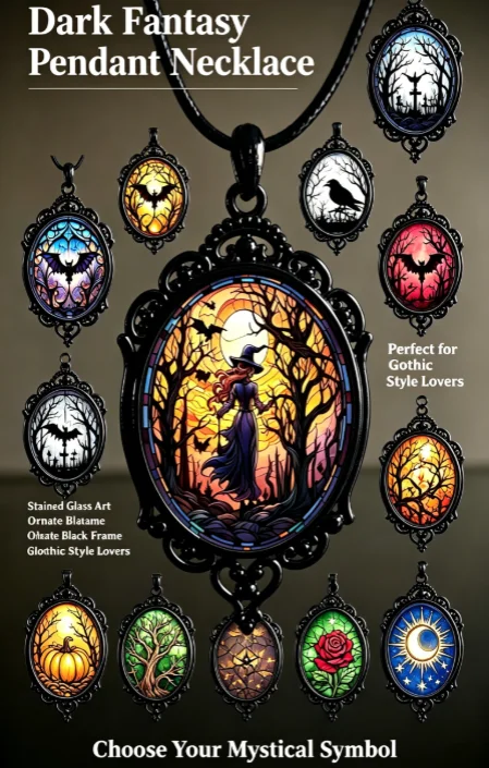 Gothic Stained Glass Pendant Necklace Dark Fantasy Witch Bat Crow Pumpkin Black Frame Vintage Mystic Jewelry Halloween Gift