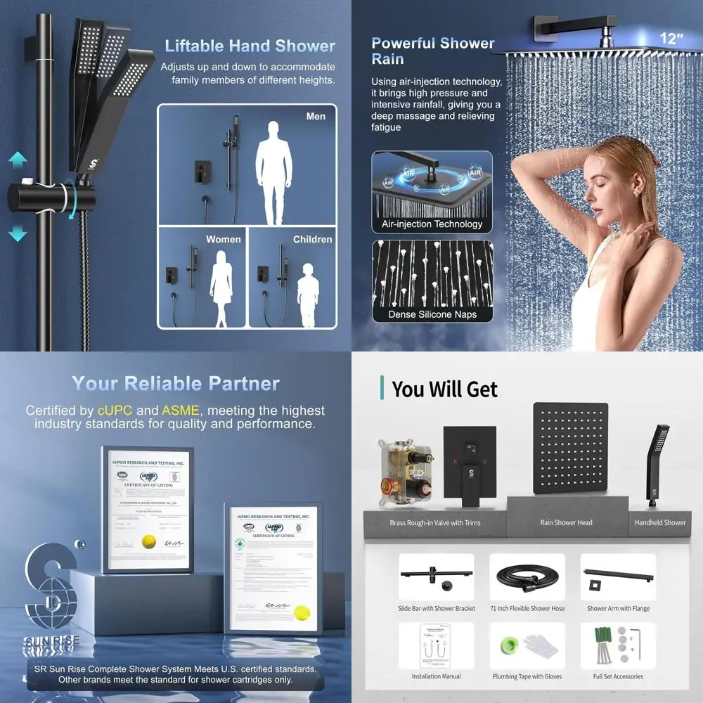 

12 Inch Wall-Mounted Shower System with Slide Bar, Luxury High-Purity Showerhead and Handheld Spray Combo