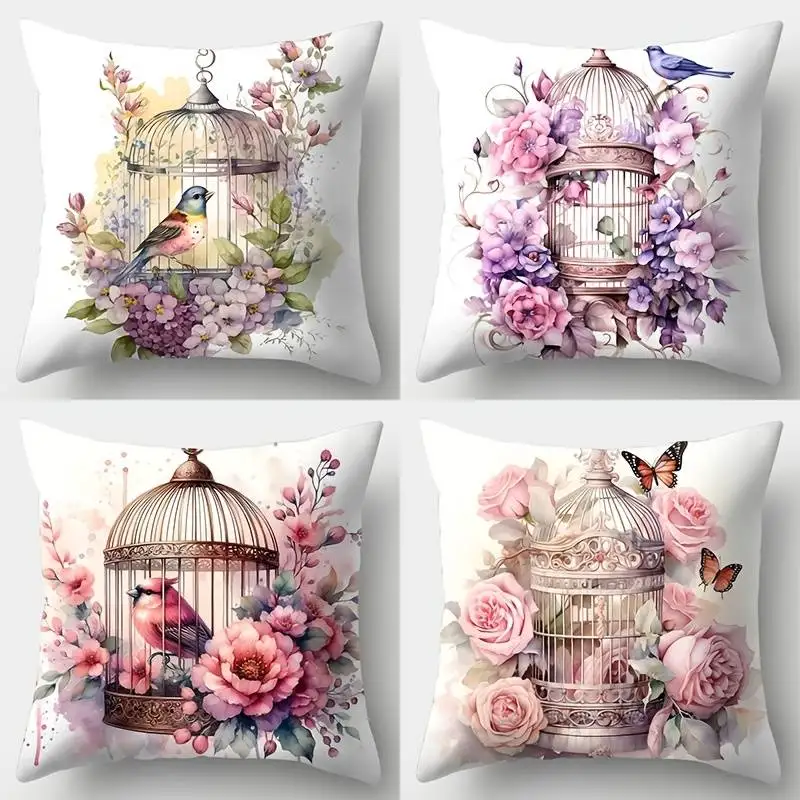

Винтажная наволочка с изображением птиц и цветов — наволочка с акварельным рисунком птиц и цветов для романтического декора коттеджа