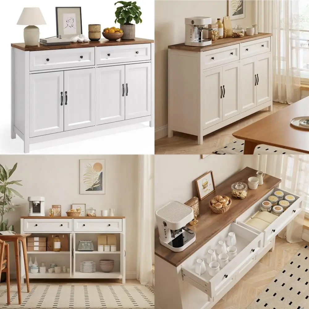 소박한 나무 사이드보드 뷔페 캐비닛, 수납 공간, 커피 바, 서랍 및 문 포함