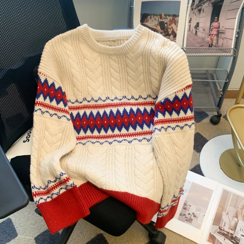 

Новинка 2024, женская одежда абрикосового цвета, винтажный вязаный свитер с принтом и длинным рукавом, повседневные модные красные мешковатые женские зимние топы в Корейском стиле