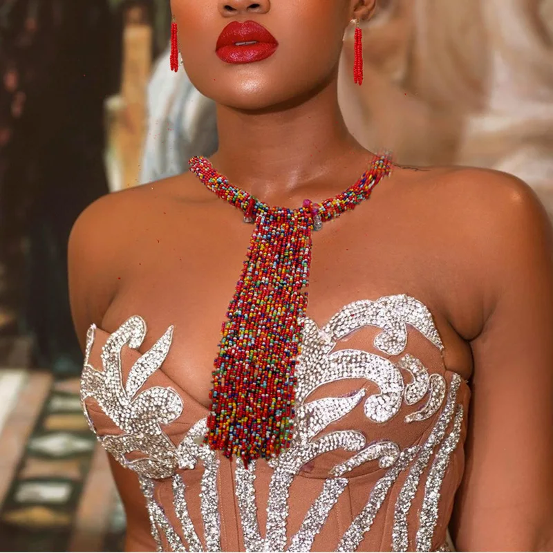 New Necklace Set Woman 2 Pieces Long Necklace Red Tassel Beads Jewelry Sets for Womens Boho Accesories for Girls Gifts