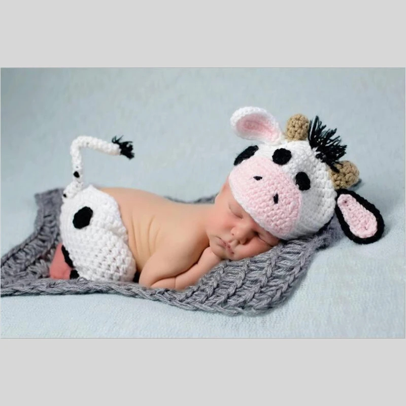 Pure Handmade Baby Photography Prop,Newborn Cartoon Cow Hat and Pants Kintting Newborn Photo Prop Size: 0-1M,3-4M