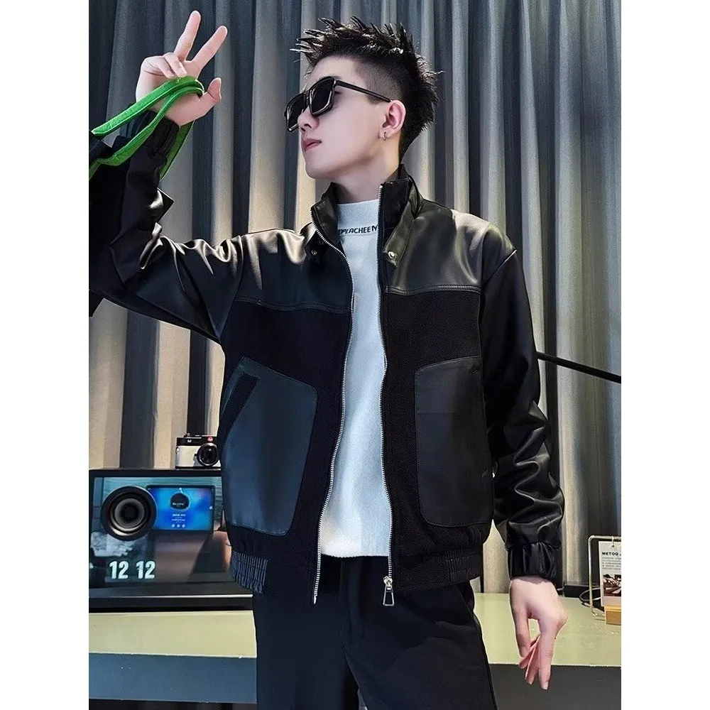 

Cool Men's Biker Leather Jaet Spring Autumn Patchwork Design Faionable Casual Sle Windproof Zipper Closure Long Sve ...