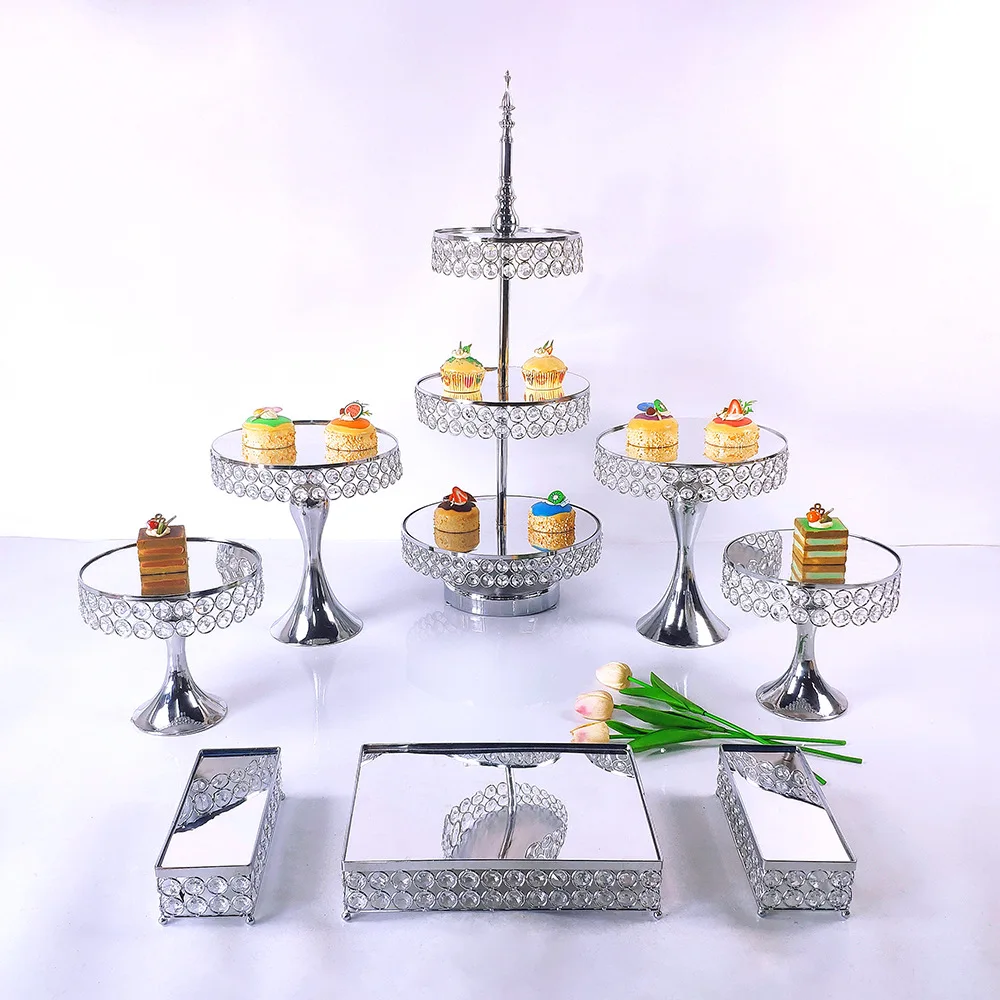 3 to 16 pcs Crystal Round Candy Cupcake Cake Stand Decorations Set, Party Wedding Props Gold Silver Dessert Tray Centerpiece