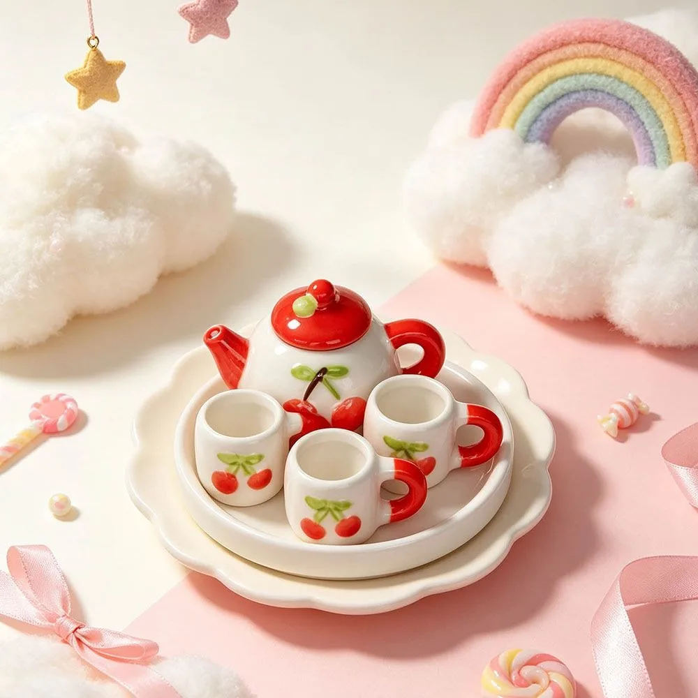 Ceramic Miniature Tea Set Cherry Fruit Shaped Mini Teapot Cute Strawberry DIY Gift Scene Photography