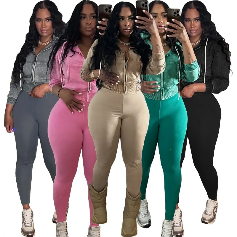 

Women Fashion 2 Piece Set Tracksuits Washed Fleece Long Sleeve Hooded Sweatshirts Top + High Waist Skinny Yoga Pants Casual Suit