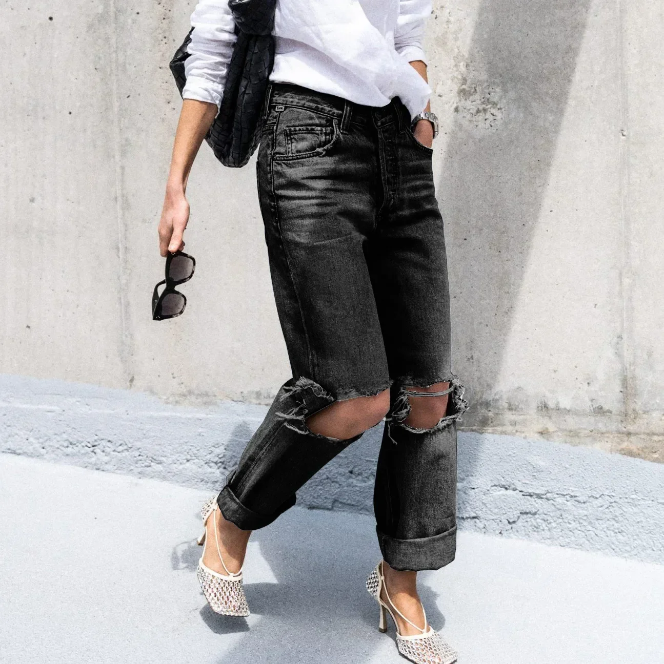Frauen Jeans Denim Hosen Loch Gerade Hosen Lange Hose Casual Regelmäßige Einfache Taschen Elegante Splice Hohe Taille Herbst