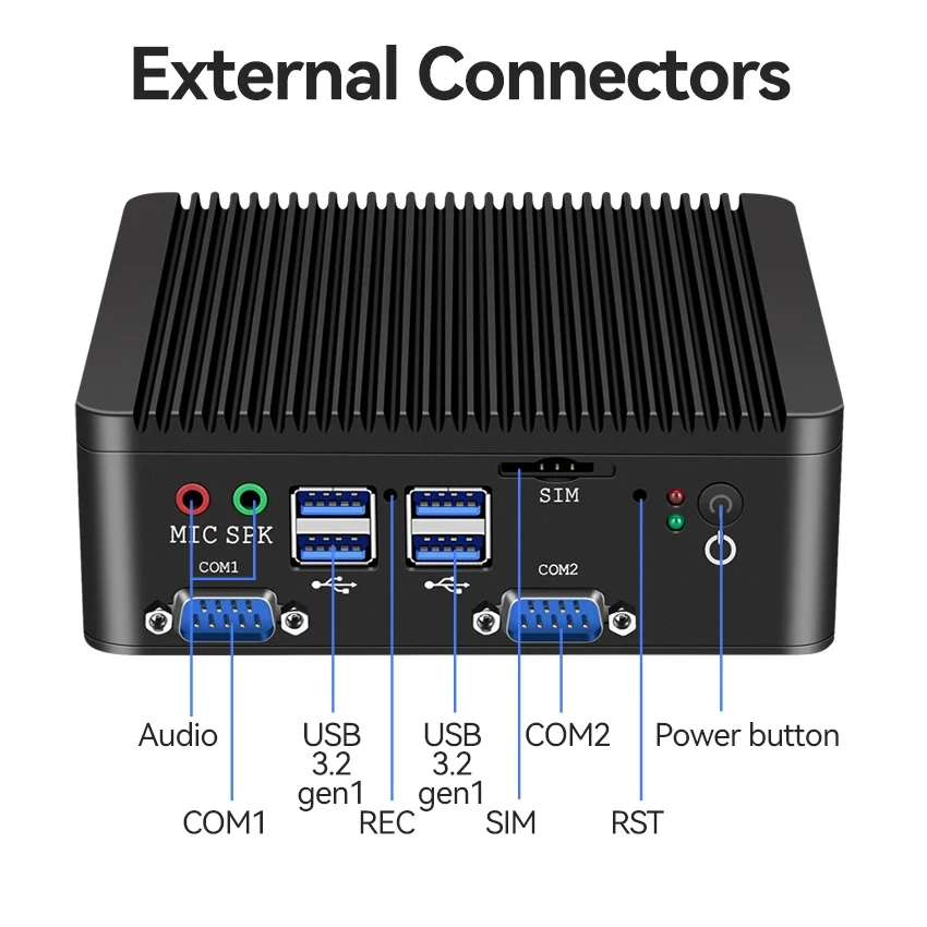 Fanless Mini PC Intel Celeron J4125 N4000 4x COM RS485 RS232 2xHDMI 8xUSB SIM Slot LVDS GPIO TPM2.0 Win10/11 Linux WiFi 4G