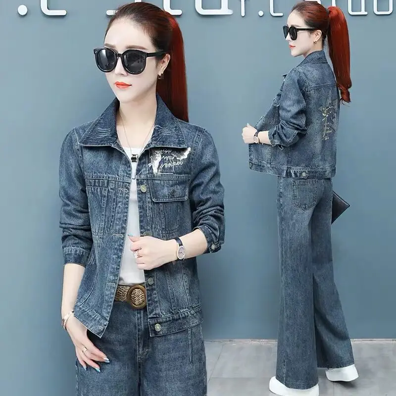 Denim Suit Female Two Piece Set  New Autumn Women Jeans Set Ladies Professional  2 Piece Set Women's Cowboy Pants Suit 4XL