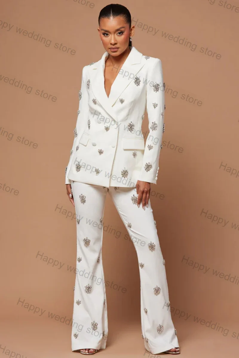 

White Crystals Formal Women Suit Pants Set 2 Piece Blazer+Trousers Business Office Lady Cotton Coat Jacket Customized Outfit