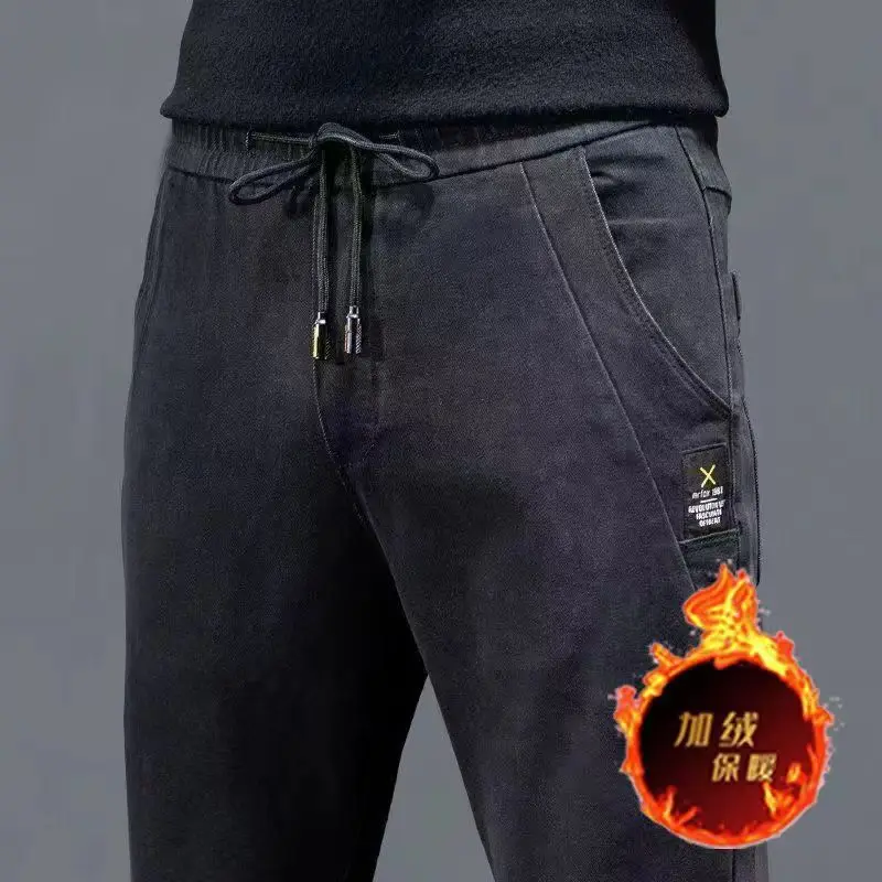 男性用 Thiened Fce 裏地付き耐摩耗性作業用ジーンズ 建設作業員向け 冬用 ロングストレートレッグパンツ