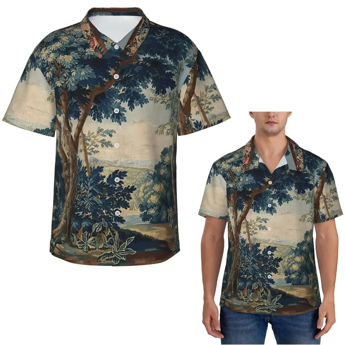 GREENERY, TREES IN WOODLAND LANDSCAPE Antique Flemish Hawaiian Shirts Men Short Sleeve Shirt for Summer Beach Men's Button Tops