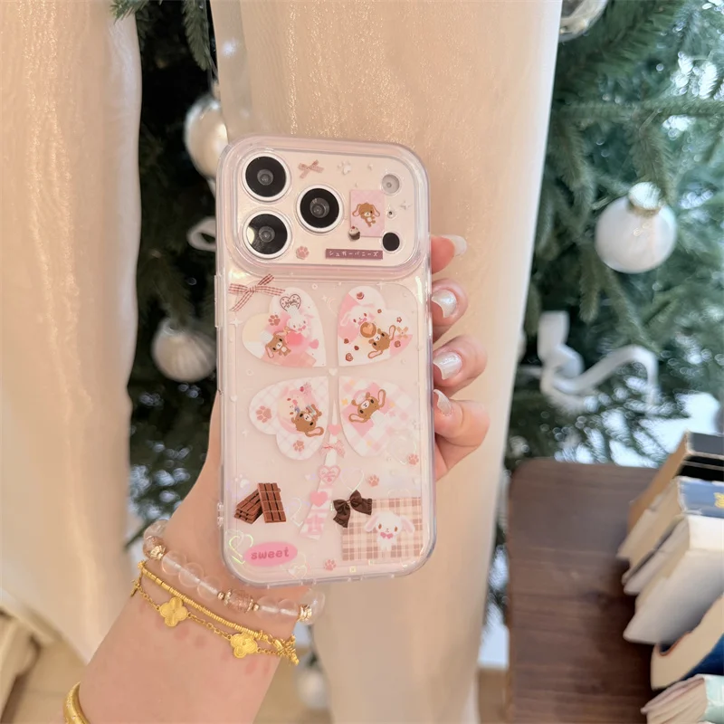 

Kawaii Cartoon Bunny Bear Heart Glitter Clear Phone Case For iPhone 15 16 17 Pro Max INS Cute Large Window Shockproof Protective