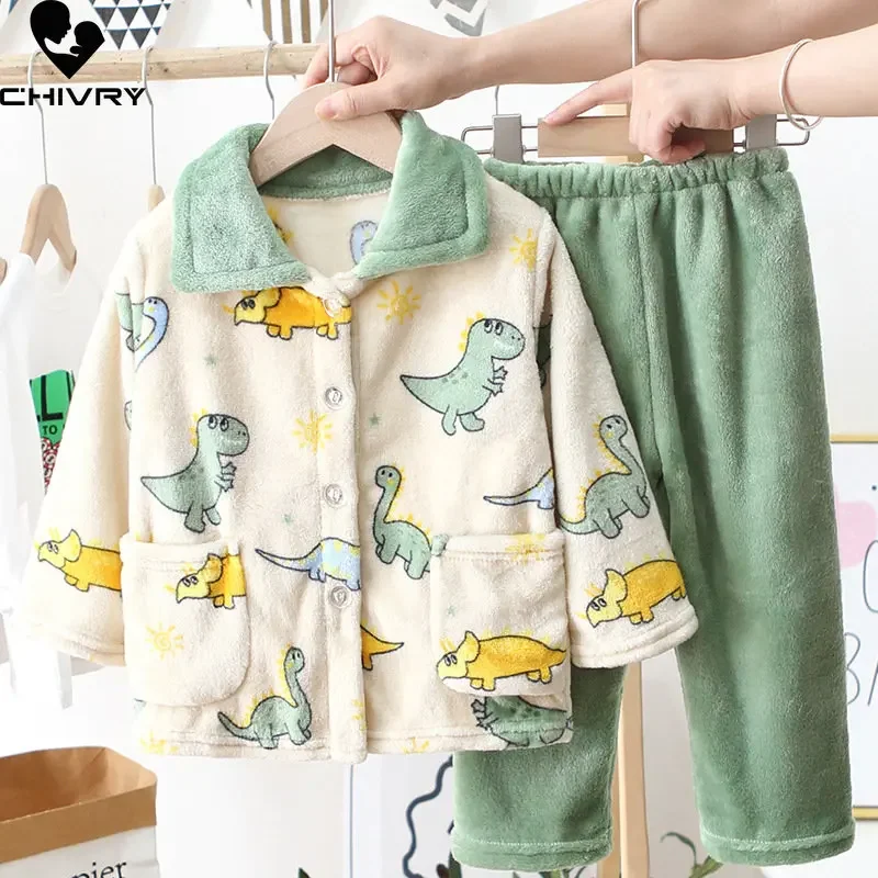 

New Kids Boys Girls Autumn Winter Flannel Pajama Sets Cute Cartoon Long Sleeve Lapel Tops with Pants Baby Sleepwear Clothing